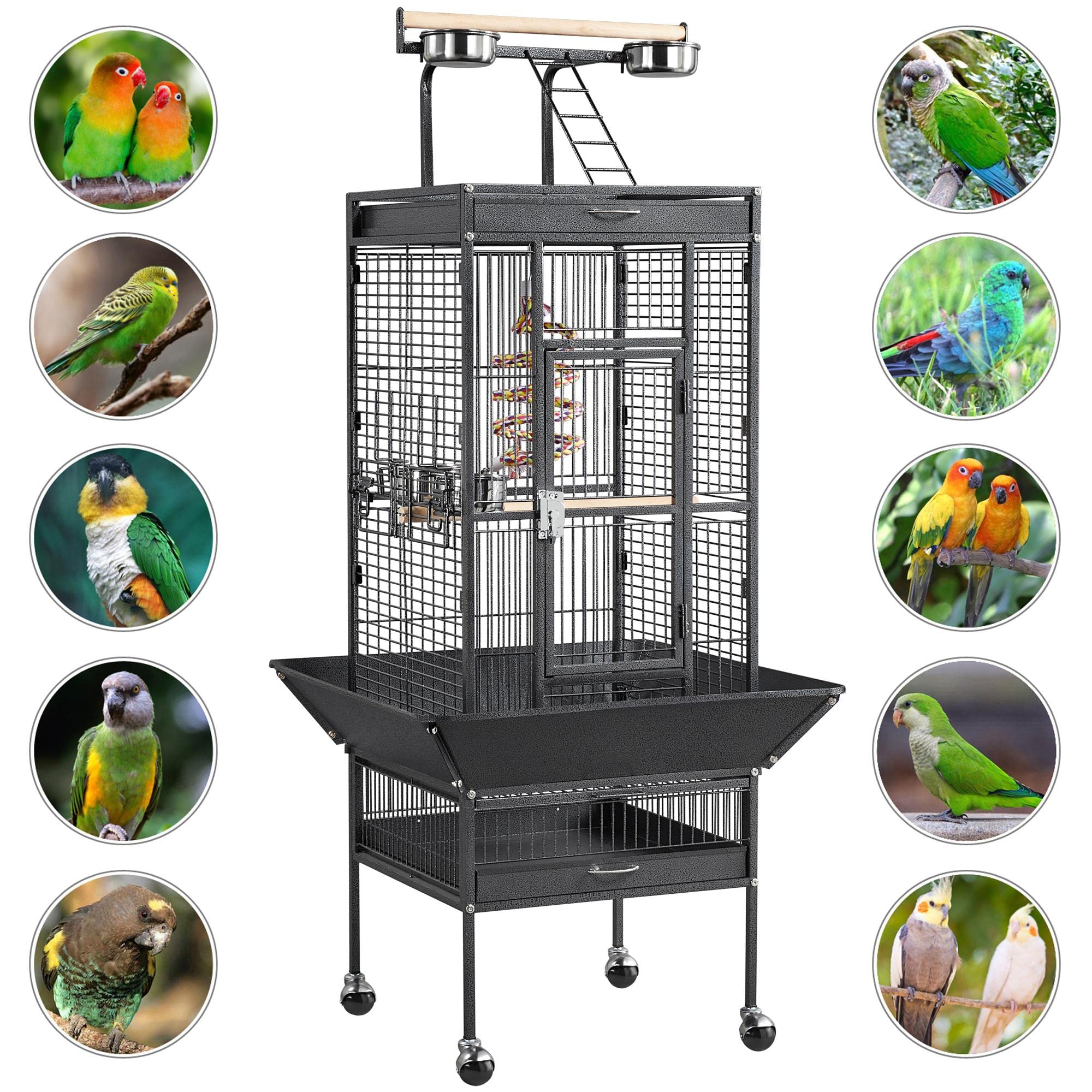 Yaheetech 61.5-inch Wrought Iron Rolling Large Parrot Bird Cage for Parakeets with Play Top
